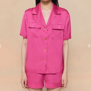 Montserrat pink lounge set with button down shirt and shorts